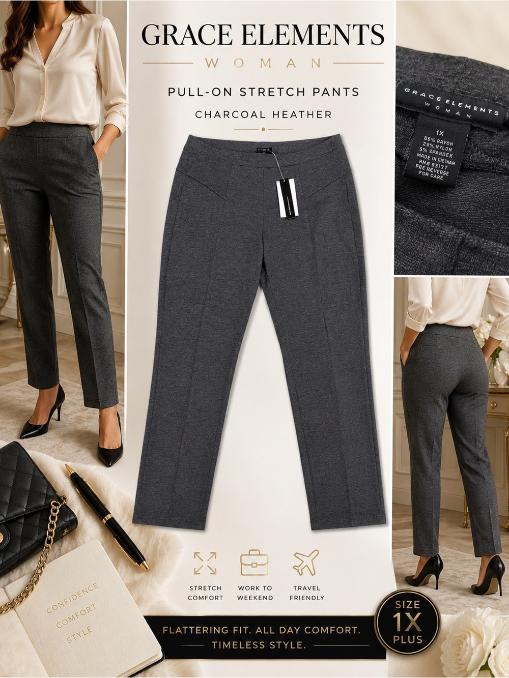 Grace Elements Gray Pull-On Stretch Career Pants 1X NWT Plus Size - Picture 1 of 6